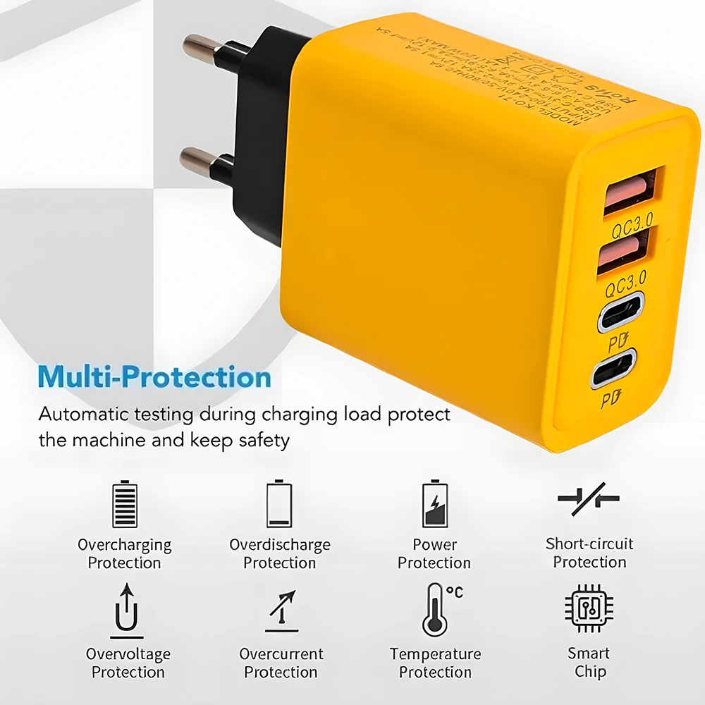 Chargeur de téléphone USB Type C PD, adaptateur de charge rapide, 4 ports, charge rapide 3.0, iPhone 15 14, Samsung, Xiaomi, Huawei