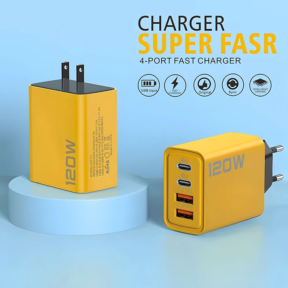 Chargeur de téléphone USB Type C PD, adaptateur de charge rapide, 4 ports, charge rapide 3.0, iPhone 15 14, Samsung, Xiaomi, Huawei