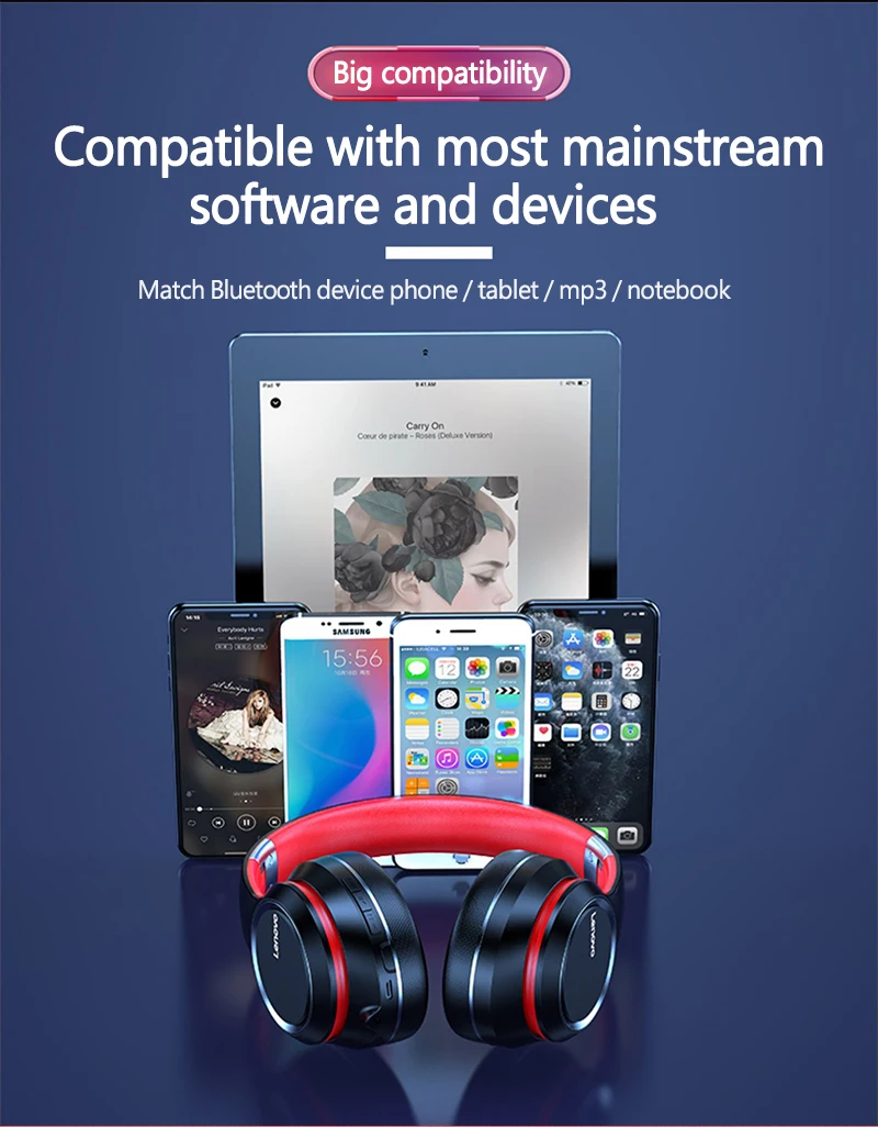 Lenovo HD200 Bluetooth écouteurs sur - oreille pliable sans fil casque suppression du bruit HIFI stéréo