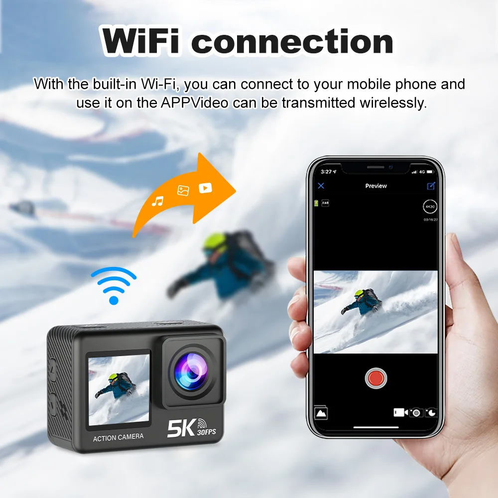 Caméra d'action 5K 4K60FPS EIS Wi-Fi double écran 170D 2.0 Pouces, étanche avec télécommande