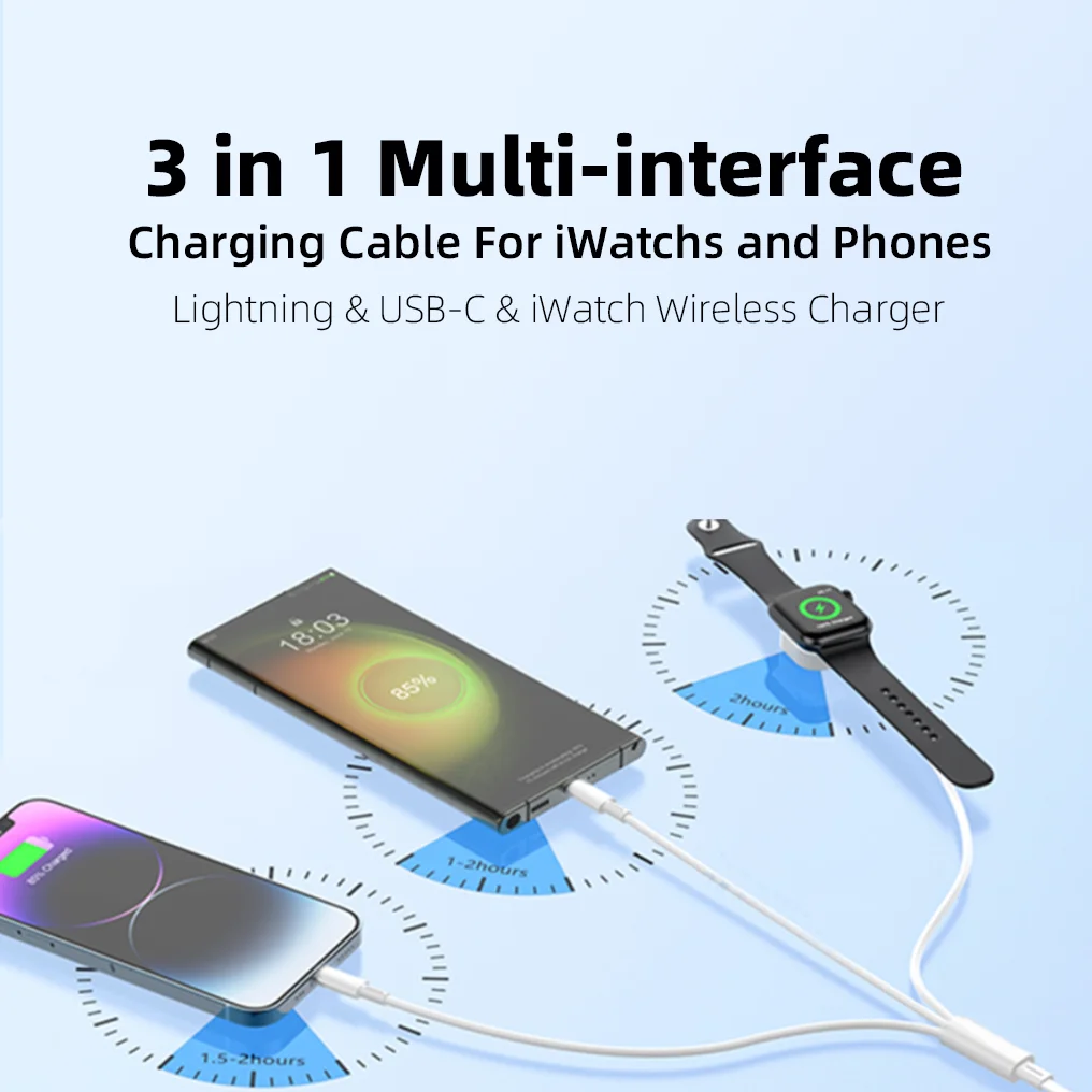 3en1 pour téléphones, avec entrée Lightning, chargeur sans fil USB-C/A pour iPhone12 /16 séries 1-10 SE1-2 Ultra