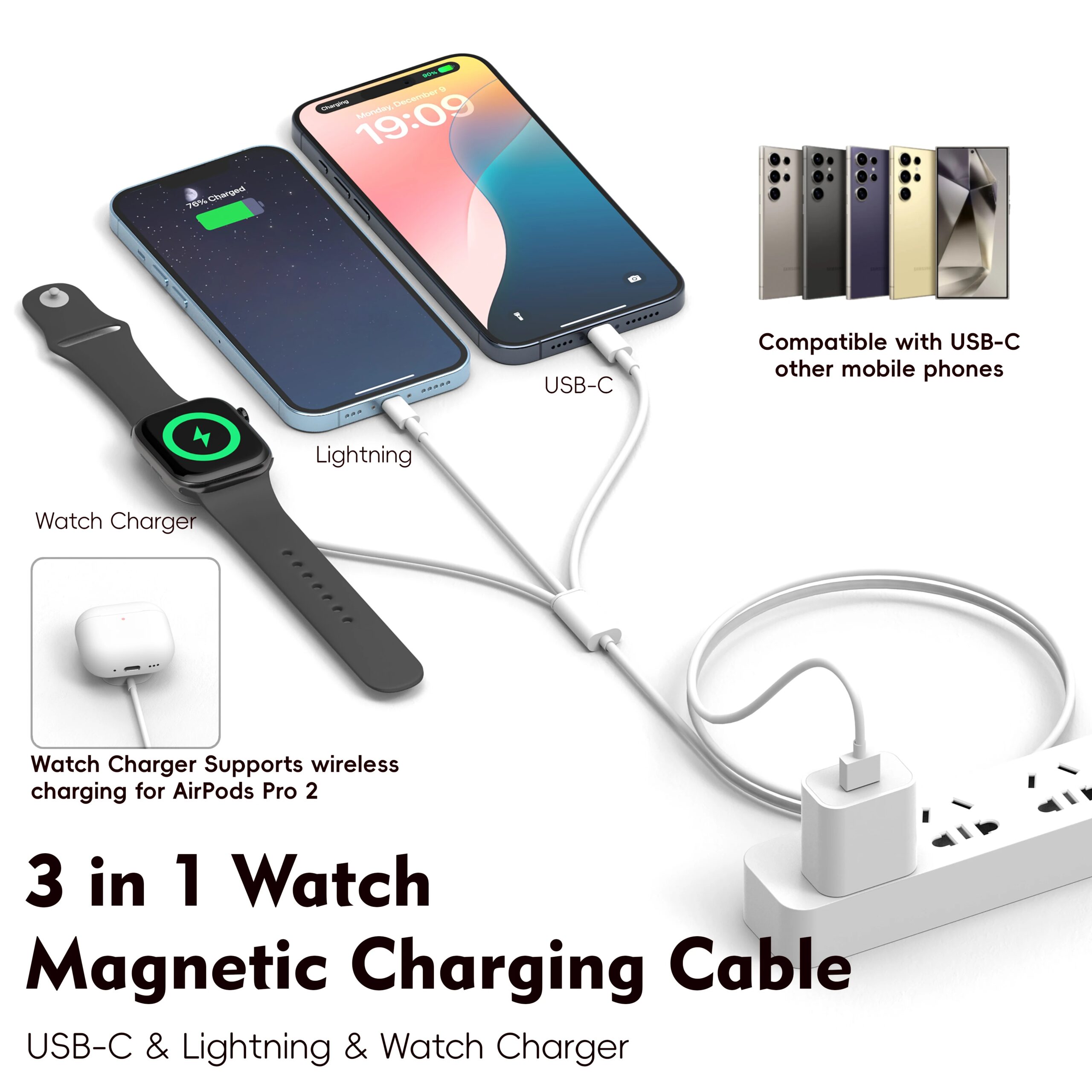 3en1 pour téléphones, avec entrée Lightning, chargeur sans fil USB-C/A pour iPhone12 /16 séries 1-10 SE1-2 Ultra