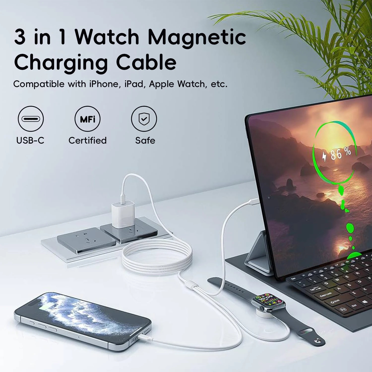 3en1 pour téléphones, avec entrée Lightning, chargeur sans fil USB-C/A pour iPhone12 /16 séries 1-10 SE1-2 Ultra