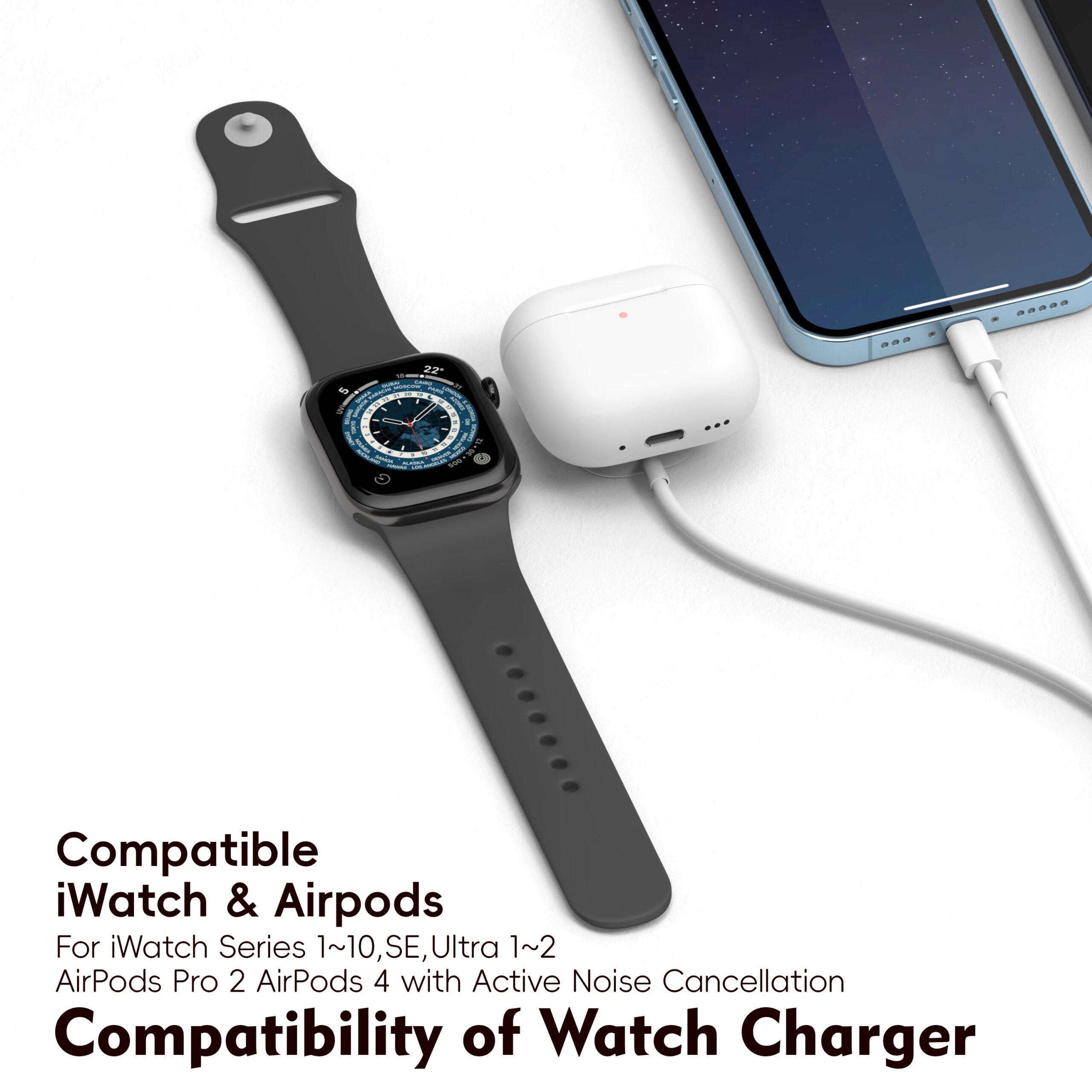 3en1 pour téléphones, avec entrée Lightning, chargeur sans fil USB-C/A pour iPhone12 /16 séries 1-10 SE1-2 Ultra