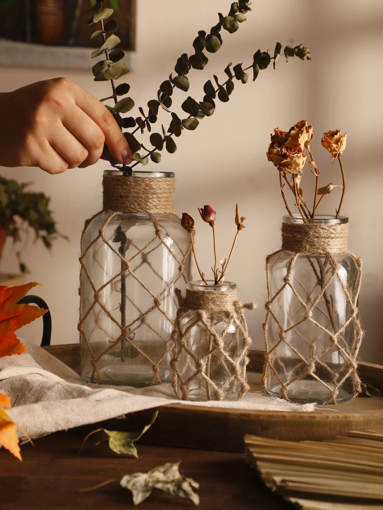 Vase en verre en corde tissé à la main, décor de fleurs sèches, décoration de maison Boho