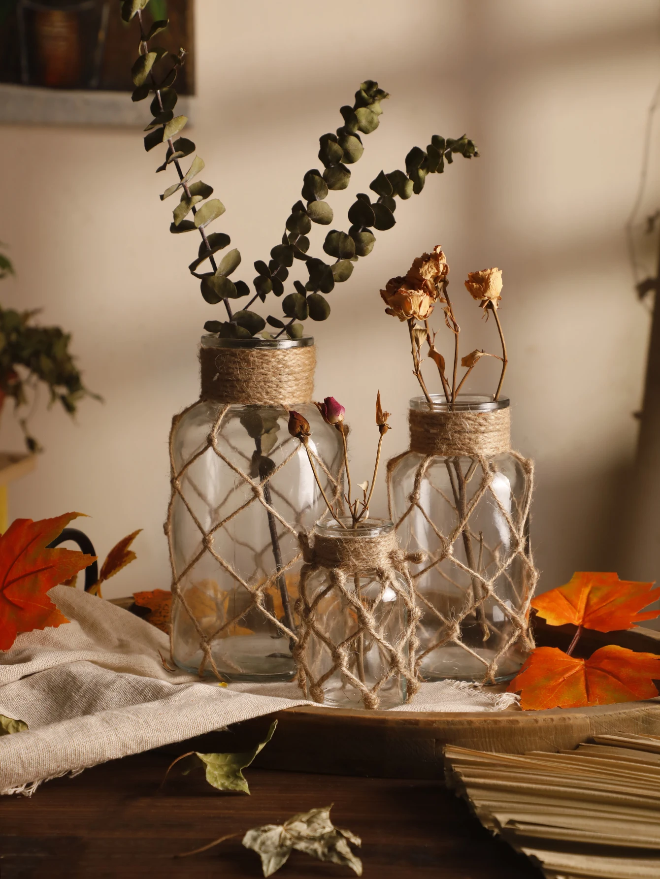 Vase en verre en corde tissé à la main, décor de fleurs sèches, décoration de maison Boho