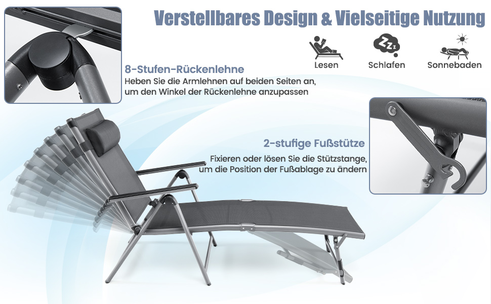 Chaise Longue d'Extérieur en Aluminium, Pliante avec 8 Positions et Pieds Réglables, Séchage Rapide pour Piscine, Jardin,