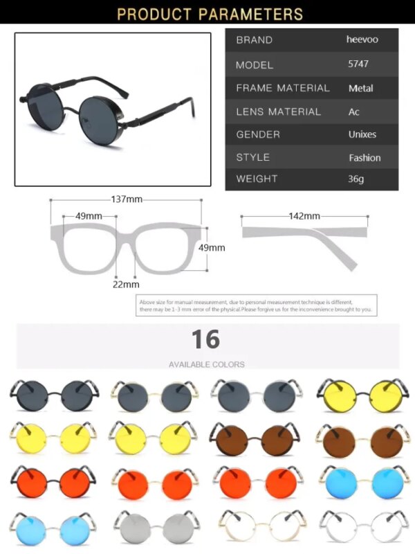 Lunettes de soleil, en métal UNISEX, rondes à la mode, Vintage – Image 5